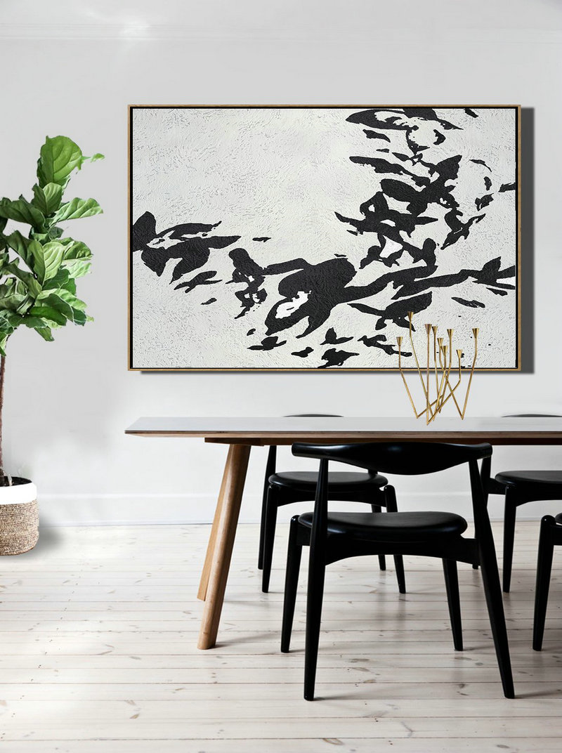 Hand Painted Acrylic Painting,Oversized Horizontal Minimal Art On Canvas, Black And White Minimalist Painting - Huge Abstract Canvas Art